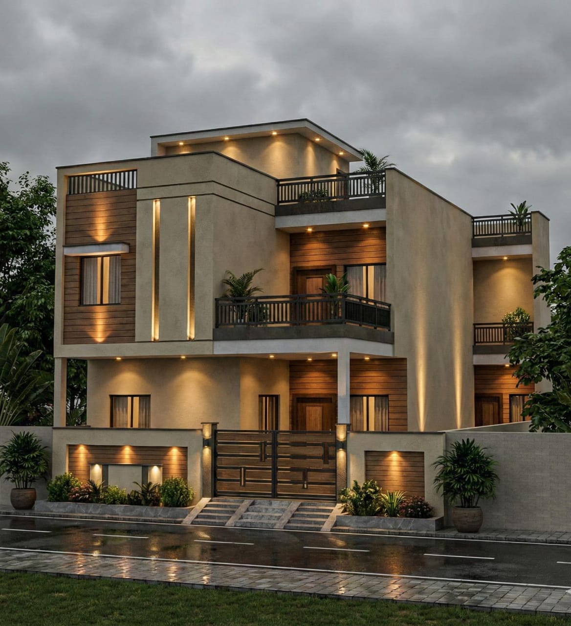 Golden Leaf Residency — dusk front elevation