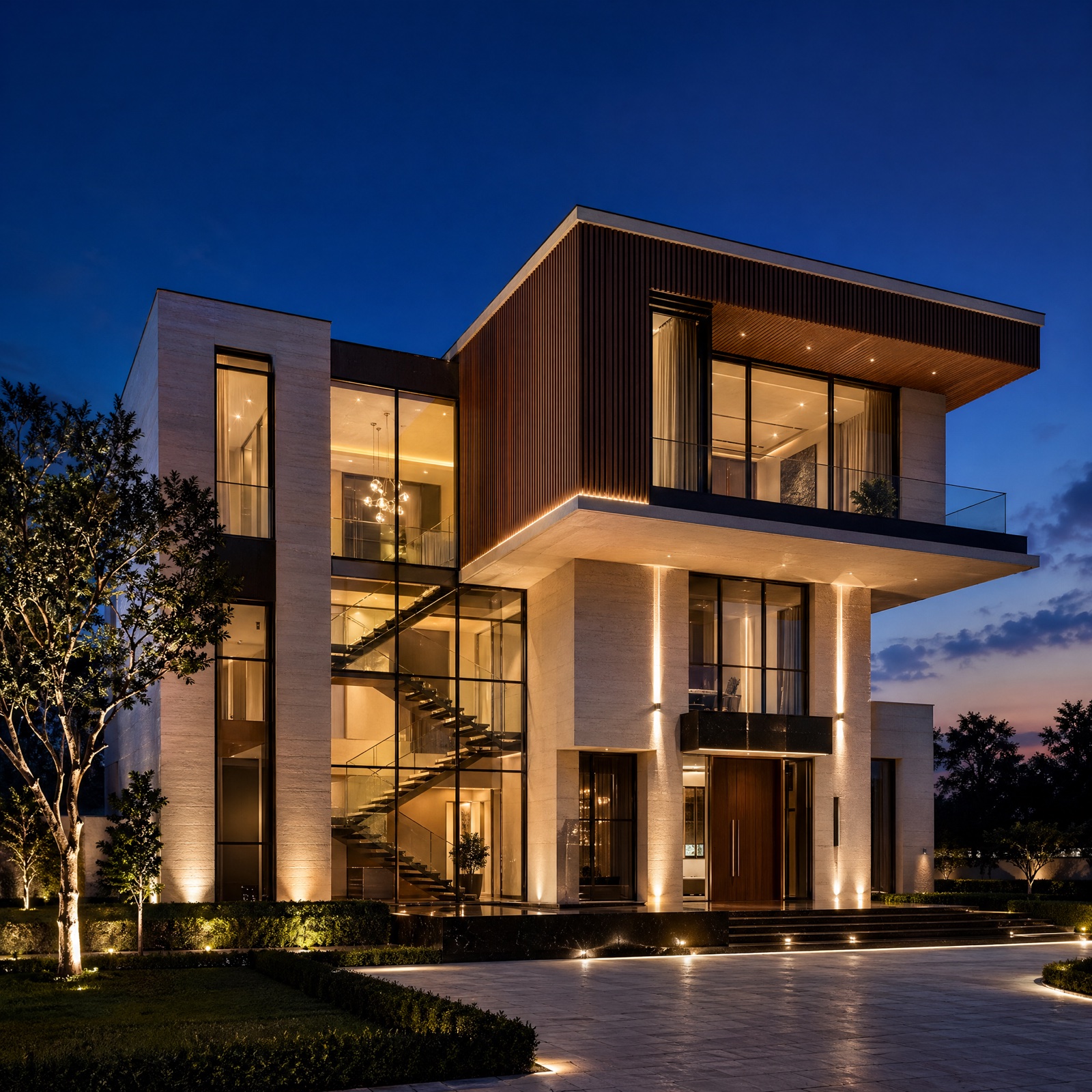 Golden Leaf bungalow elevation — modern blue hour